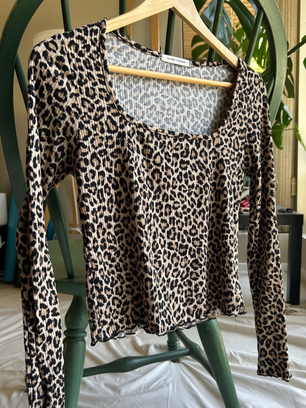 Caution To The Wind Leopard Print Long-Sleeve Square Neck Top